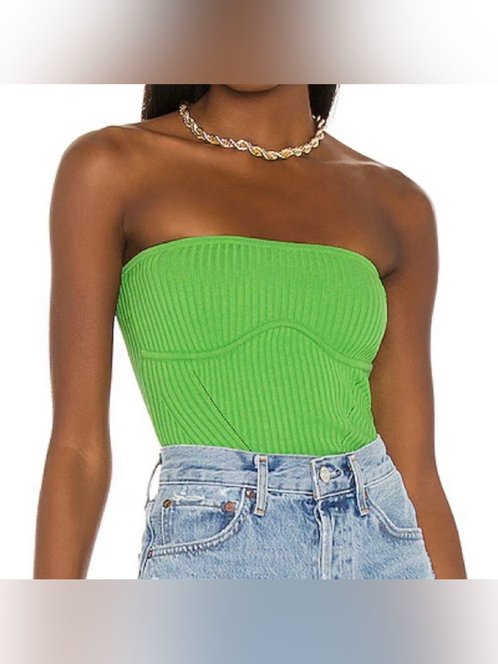 Camila Coelho Strapless Ribbed Bustier Top in Lime Green